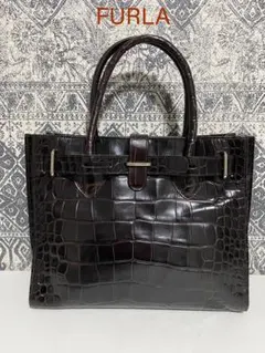 【美品】FURLA フルラ クロコダイルレザー ハンドバッグ トートバッグ 茶色