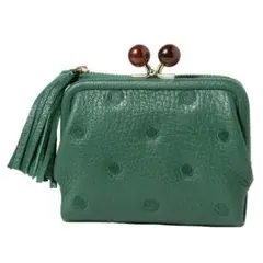 【美品】perche アクリル玉　本革 がま口 二つ折り財布　グリーンドット