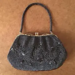 昭和レトロ　ビーズバッグ　がま口　黒　フォーマル　ヴィンテージ