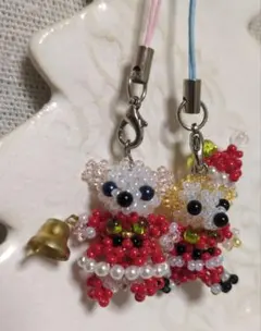 【未使用】 サンタ チワワ ダッフィー風 ビーズストラップ 2個セットクリスマス