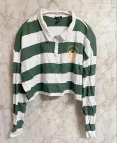 ルー21 ボーダー 長袖 ポロシャツ クロップド丈 XL 緑 白 綿 ゆったり