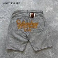 【A BATHING APE】 ヒッコリーストライプ ハーフパンツ ワッペン刺繍のサムネイル