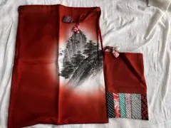 【和風巾着袋2枚】赤い風景画/和装巾着/房付き/着物/大小/山/木/マルチ巾着袋