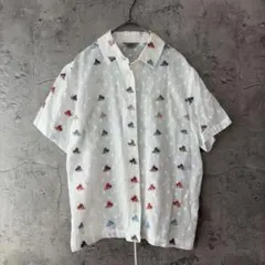 ECU シアー　半袖　襟付きシャツ　ブラウス　ドット　刺繍　白　前開き　カラフル