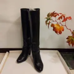 ブラックロングブーツ 高ヒール 牛革
