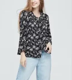 UNIQLO/ユニクロ/プリントギャザーブラウス/花柄/長袖/ブラック/XXL