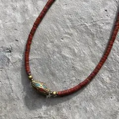 582 ターコイズと赤珊瑚のブラスビーズ　ジャスパー　天然石　ヒシネックレス