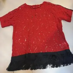 VIOLETTA フリンジヘム総レースシアーTシャツ レッド　赤　黒のサムネイル