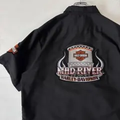 ハーレーダビッドソン　ボタンシャツ　ブラック　半袖シャツ　アメカジ　刺繍　L