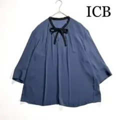 3965y 美品 ICB ボウタイ配色ブラウス ポリエステル 紺 Lのサムネイル