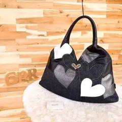 美品【シンクビー】ジャガード レザー ハート パッチワーク トートバッグ 黒×白