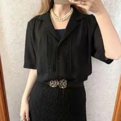 ヴィンテージ レトロ古着 花柄刺繍オープンカラーブラウス シアー感 半袖 黒
