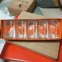 オレンジ花柄ガラスコップ5個セット　昭和レトロ