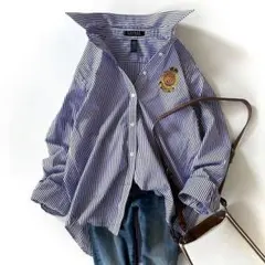 極美品♪ローレンラルフローレン◆エンブレム刺繍　コットンストライプシャツ　綿