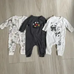 長袖ロンパース3点セット（動物柄・ミッキー・パンダ）　60サイズ　まとめ売り