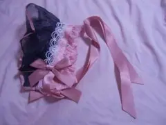 ボンネット風ヘッドドレス　ブラック×ピンク　ロリータ　ゴスロリ　地雷系