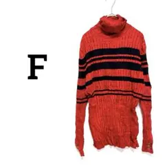 レディース　赤　黒　ストライプ タートルネックニット【F】
