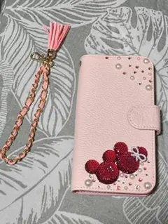 iPhone13用ミッキー風ピンク手帳型ケース ストラップ付き