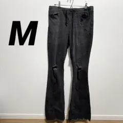 裾フリンジ ダメージフレアデニム 黒 M ベルボトム 伸縮性 スキニーデニム