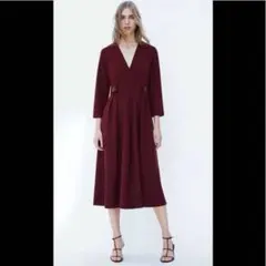 zara バーガンディ Vネック 長袖 ロングワンピース