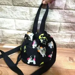 犬プリント 巾着型ショルダーバッグ