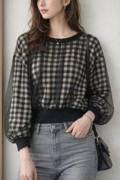 Ray BEAMS レイビームス チュール重ね ギンガムチェック ニット M