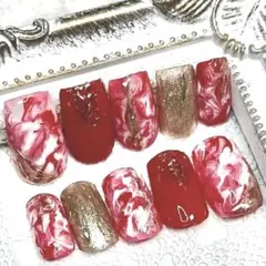 レッド×マーブル×ゴールド×ミラー×ニュアンスネイルチップ