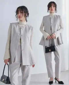 RANAN 防シワ/抗菌防臭　ペプラムベストテーパードパンツセットアップ