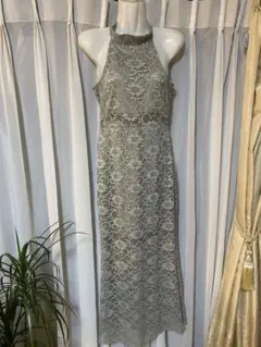 総レース ハイネック マキシドレス グレー