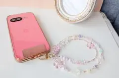 ビーズスマホストラップ フラワー パステル ハンドストラップ