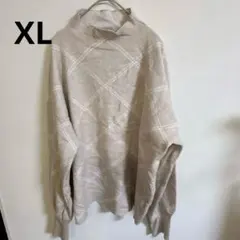 タハリ 格子柄 ニット ボトルネック ドロップショルダー XL 灰茶 綿