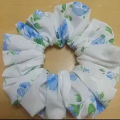 【残り 1】刺繍入りブルーローズ シュシュ♡ハンドメイド