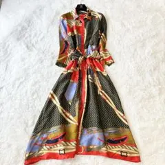 ザラウーマン ロングシャツワンピース スカーフ柄 リボン付き アシンメトリーXL