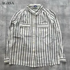 アガサ【M】長袖ストライプシャツ レギュラーカラー フラップポケット付き ラメ