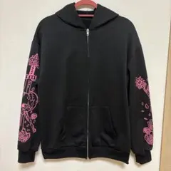 地雷系 パーカー スカル 薔薇 ピンクプリント