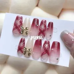 現品♥ネイルチップオーダー チェック グラデーション 冬ネイル バレンタイン