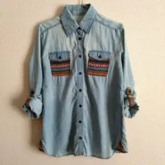 ダンガリーシャツ　ネイティブ柄　ポケット　Mサイズ