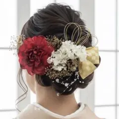 和装花髪飾り〜レッド赤＆ ホワイトゴールド｜結婚式　成人式　卒業式　振袖　ヘア