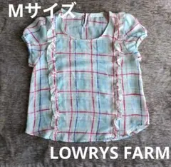 水色 赤 チェック柄 半袖 ブラウス カットソー Tシャツ レディース М 夏服