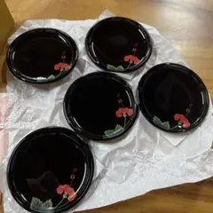 漆器 皿 5枚セット 黒色 赤い花
