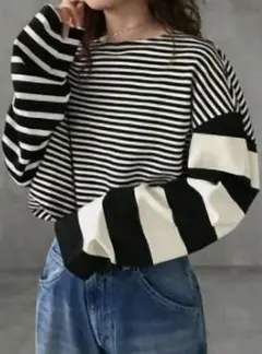 SHEIN シーン ラウンドネック 長袖ストライプTシャツ