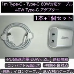 デュアルタイプCポート 40Wコンパクト電源アダプタ+TypeC ケーブル 1m