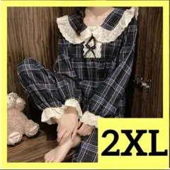 【新品未使用】パジャマ ネイビー チェック柄　フリル 2XL部屋着