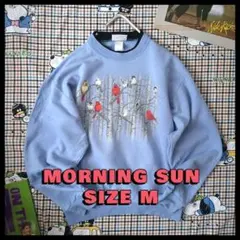 US古着/M 小鳥 プリント 秋 ブルー 二重襟 長袖トレーナー スウェット