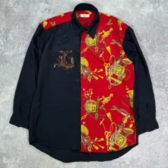 90s 総柄シャツ　刺繍　スカーフ柄【L相当】ポリエステル　長袖　黒　赤