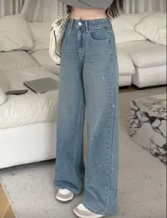 ストーン ラメ ビジュー ワイド デニムパンツ