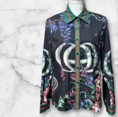 【新品タグ付き】スカーフ柄 長袖ブラウス　花柄　襟袖 緑 オレンジライン