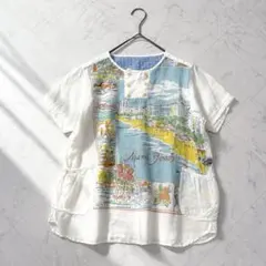 美品✨快晴堂　レディース リネンシャツ　カロハプリント　マイアミビーチ柄のサムネイル