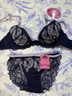 C65M グラナティス　刺繍×レースのブラ＆ショーツセット　ネイビー