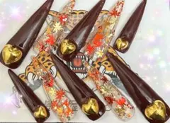 秋のハート付きネイルチップ10個セット